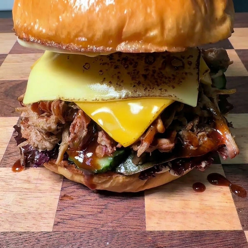 Un burger ricco di strati completato posizionando la parte superiore di un panino brioche dorato e lucido.
