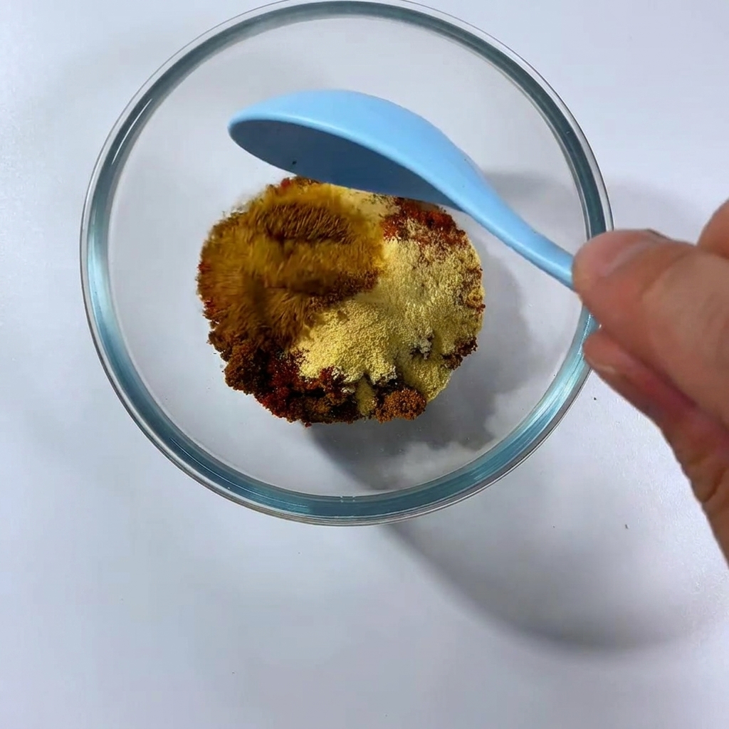 Una ciotola di vetro contenente un mix di spezie colorate tra cui paprika, aglio in polvere e zucchero di canna mescolate con un cucchiaio blu.