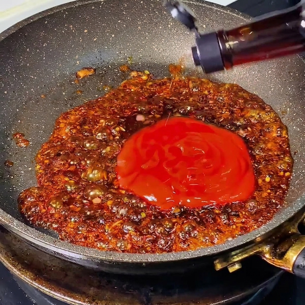 Ketchup rosso e salse scure aggiunti a un mix di cipolle caramellate che sobbolle in padella.
