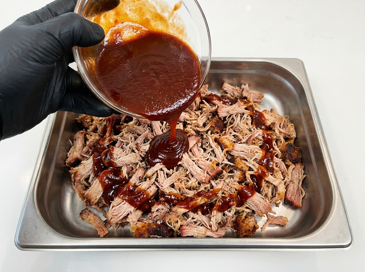 Una mano con un guanto nero che versa una salsa barbecue densa e scura da una ciotola di vetro sopra una montagna di maiale sfilacciato in una teglia dacciaio.