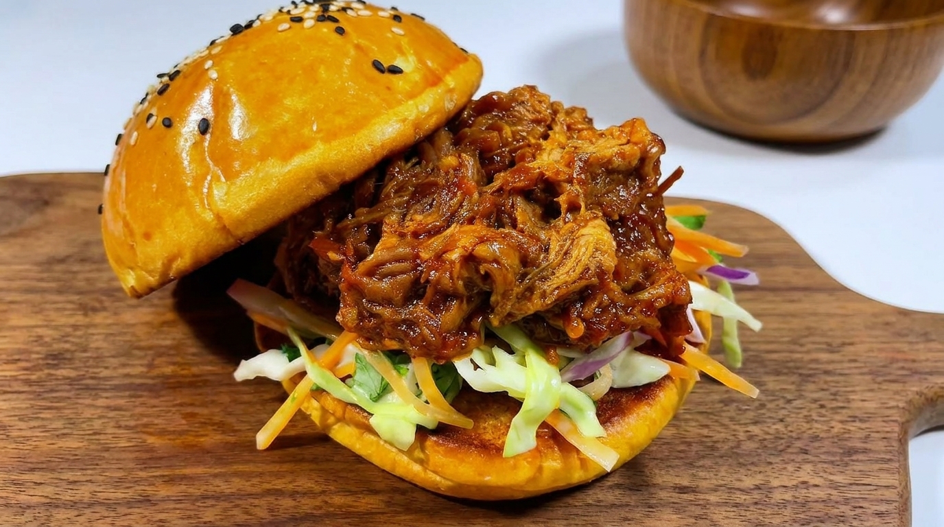 Un ricco burger gourmet con pulled pork al barbecue e croccante insalata coleslaw allinterno di un panino con semi di sesamo perfettamente tostato.