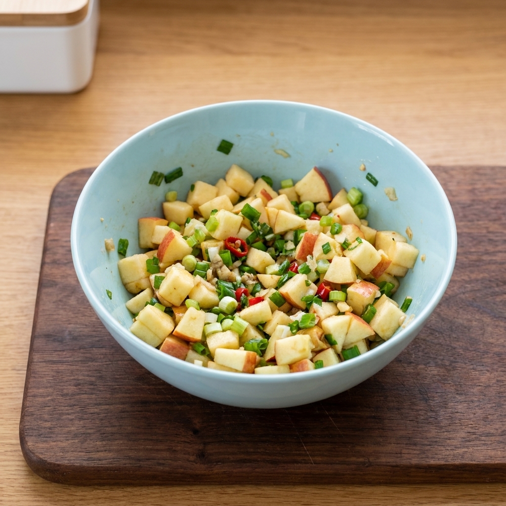Una ciotola blu riempita con cubetti di ananas, cipollotti tritati e peperoncino sminuzzato mescolati a una base di yogurt.