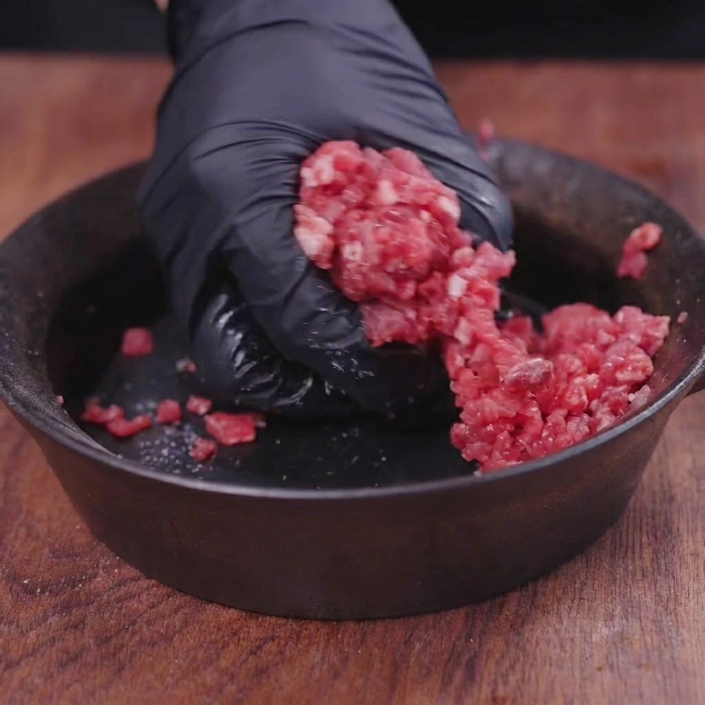 Mani con guanti in lattice nero che modellano la carne macinata di manzo allinterno di un contenitore scuro.