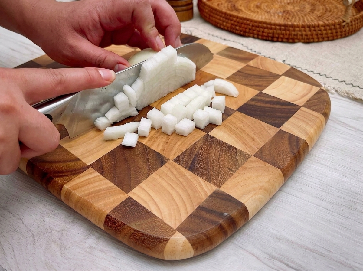 Piccoli cubetti di cipolla uniformi su un tagliere di legno, pronti per la cottura.