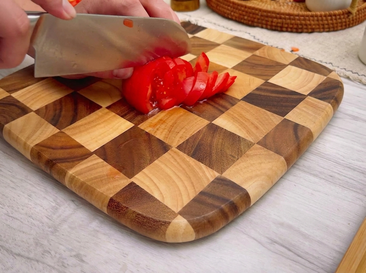 Fette di pomodoro fresco disposte su un tagliere.