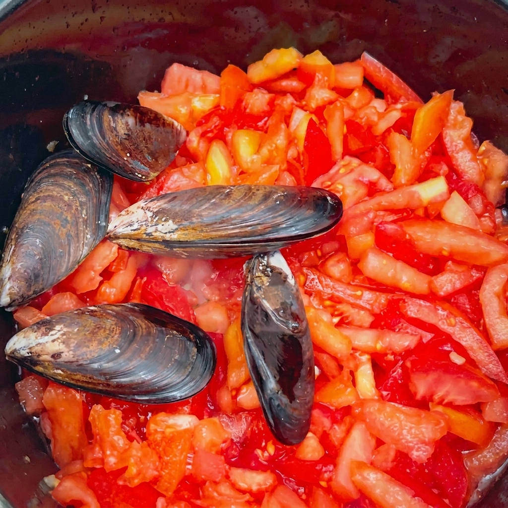 Cozze nere intere adagiate su un vivace strato di pomodori rossi a dadini allinterno di una pentola.