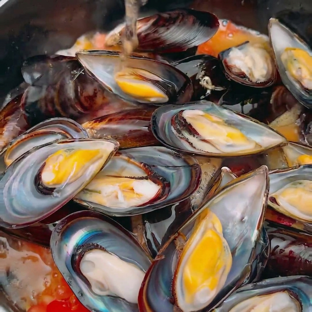 Liquido trasparente versato su cozze nere fresche e pomodori rossi a dadini.