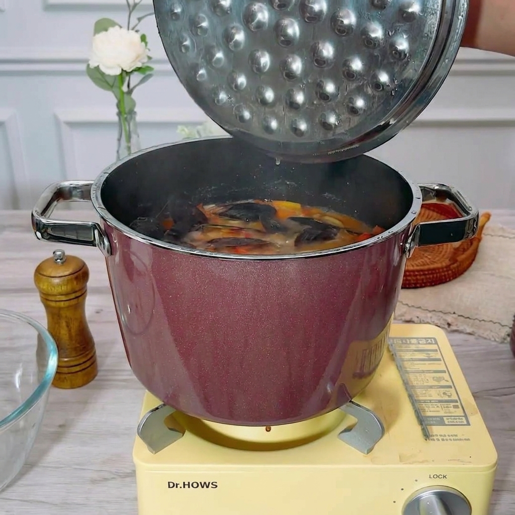Vongole fresche e chiuse aggiunte a un brodo di pesce bollente a base di pomodoro.