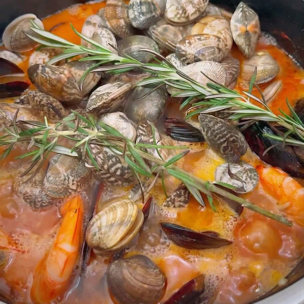 Rametti di rosmarino fresco appoggiati su una pentola piena di vongole in cottura, gamberi e brodo bollente.