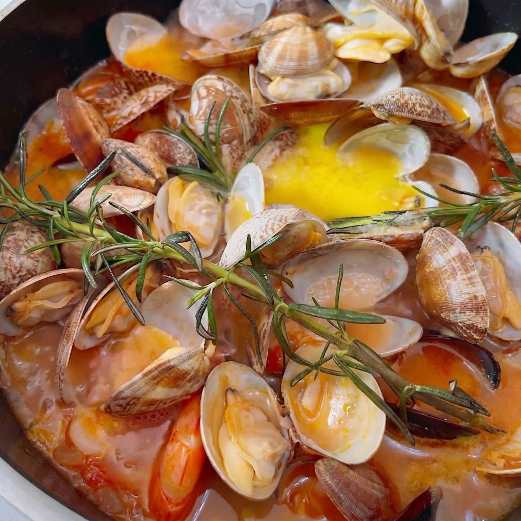 Pepe nero macinato fresco spolverato su una pentola di guazzetto di pesce mediterraneo completato e bollente.
