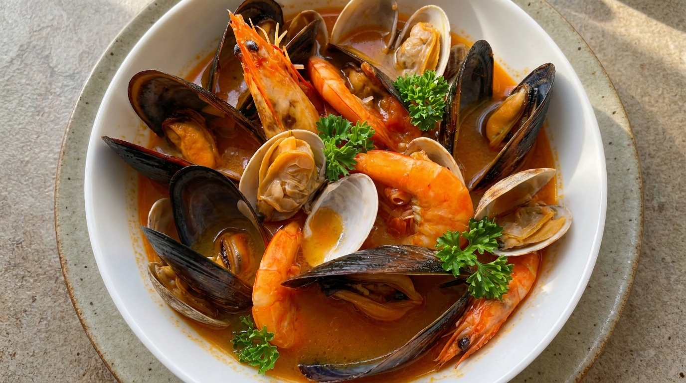 Una colorata zuppa di pesce mediterranea con gamberi, vongole e cozze in un ricco brodo di pomodoro.