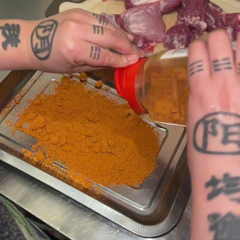 Spezie Cajun in polvere dal colore arancione vivo versate da un flacone su un vassoio di metallo.