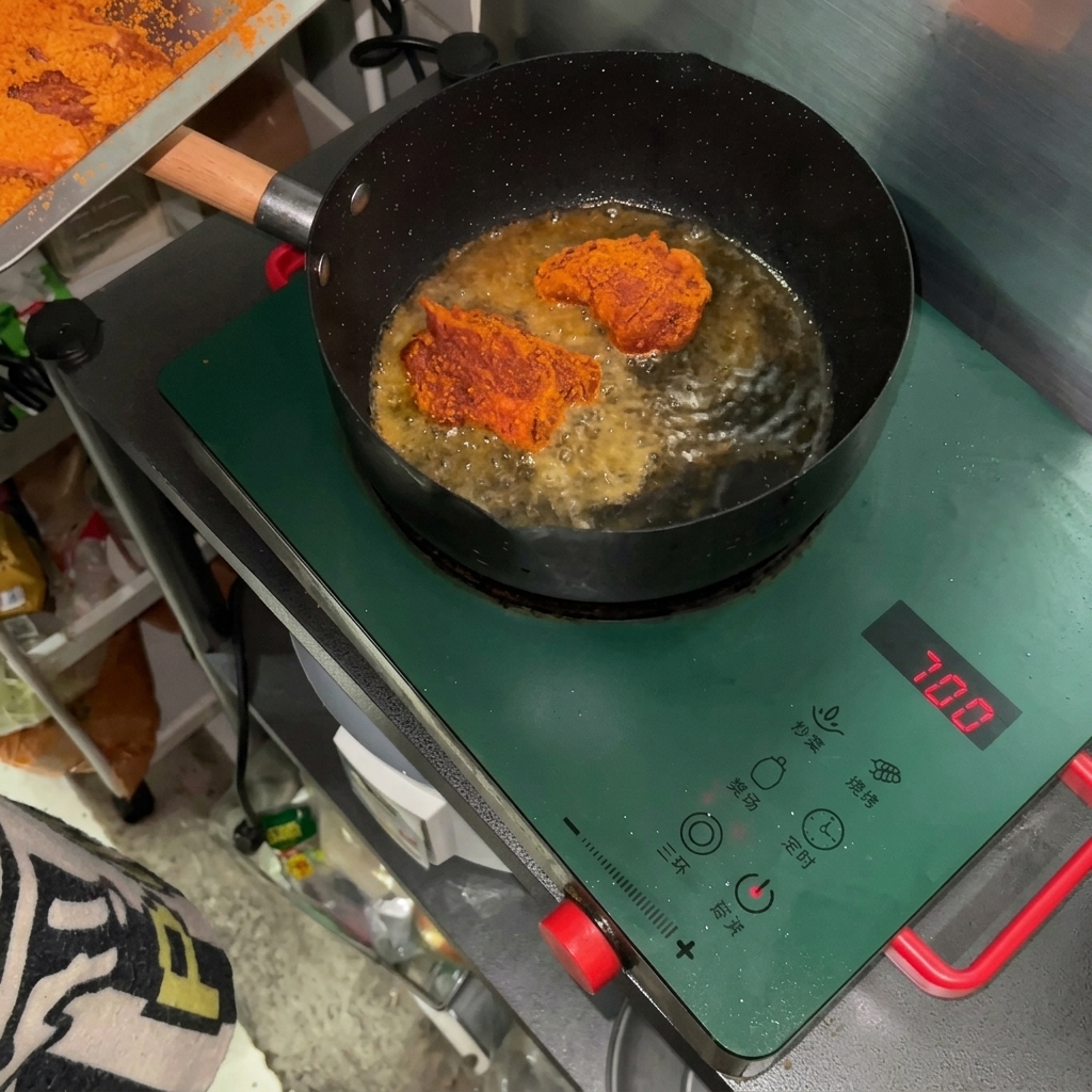Pezzi di maiale alle spezie Cajun che friggono in olio caldo in una padella nera su un piano a induzione.