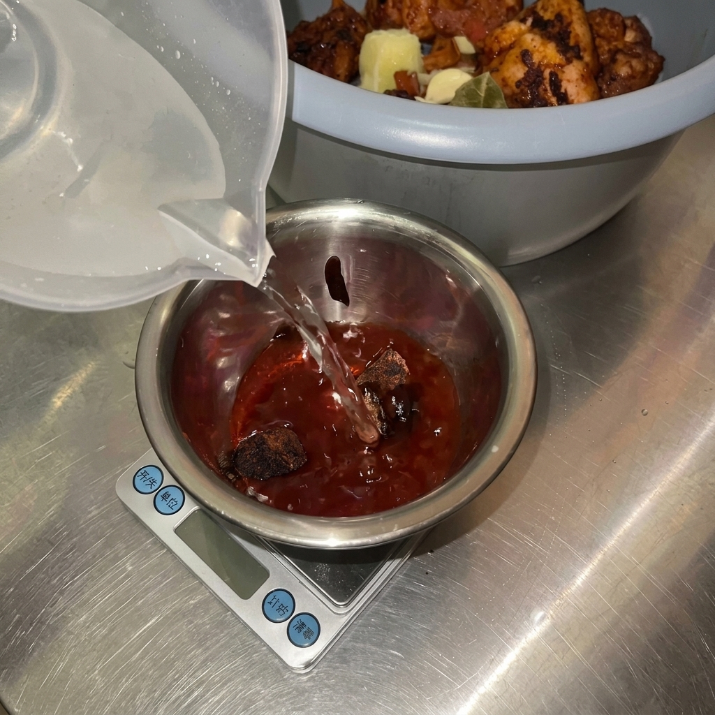 Acqua versata in una ciotola di metallo contenente condimenti scuri e peperoncino in polvere, pronta per essere mescolata.