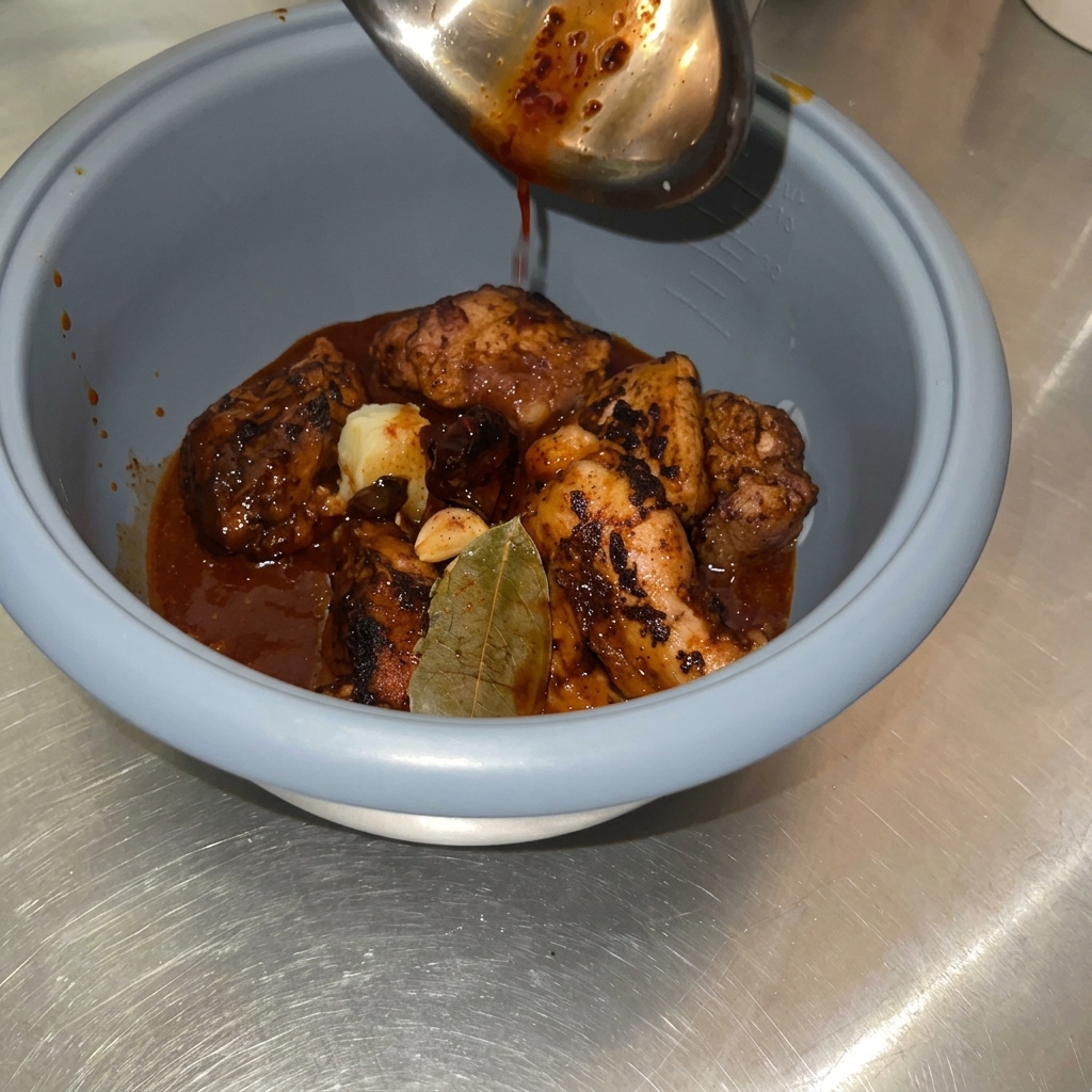 Salsa versata da un mestolo di metallo sopra i pezzi di maiale rosolati e gli aromi nel cuociriso.