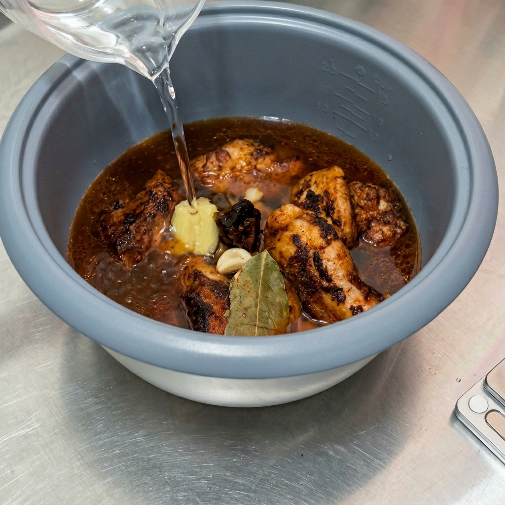 Acqua pulita versata da un misurino nella ciotola del cuociriso, sommergendo la carne, laglio e le foglie di alloro.