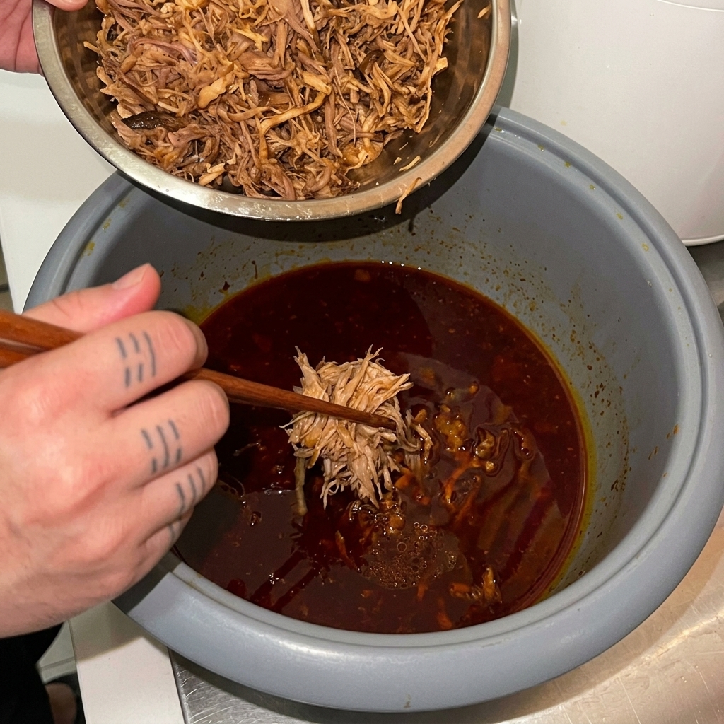 Maiale sfilacciato rimessenella salsa scura e saporita allinterno del cuociriso usando delle bacchette di legno.