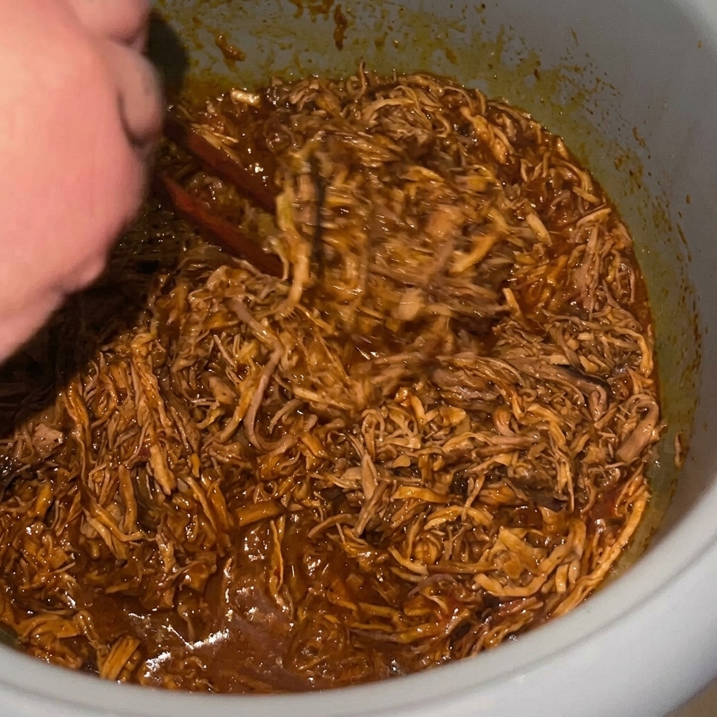 Pulled pork mescolato in una pentola con una salsa ricca e scura, completamente sfilacciato e pronto per il bollore finale.