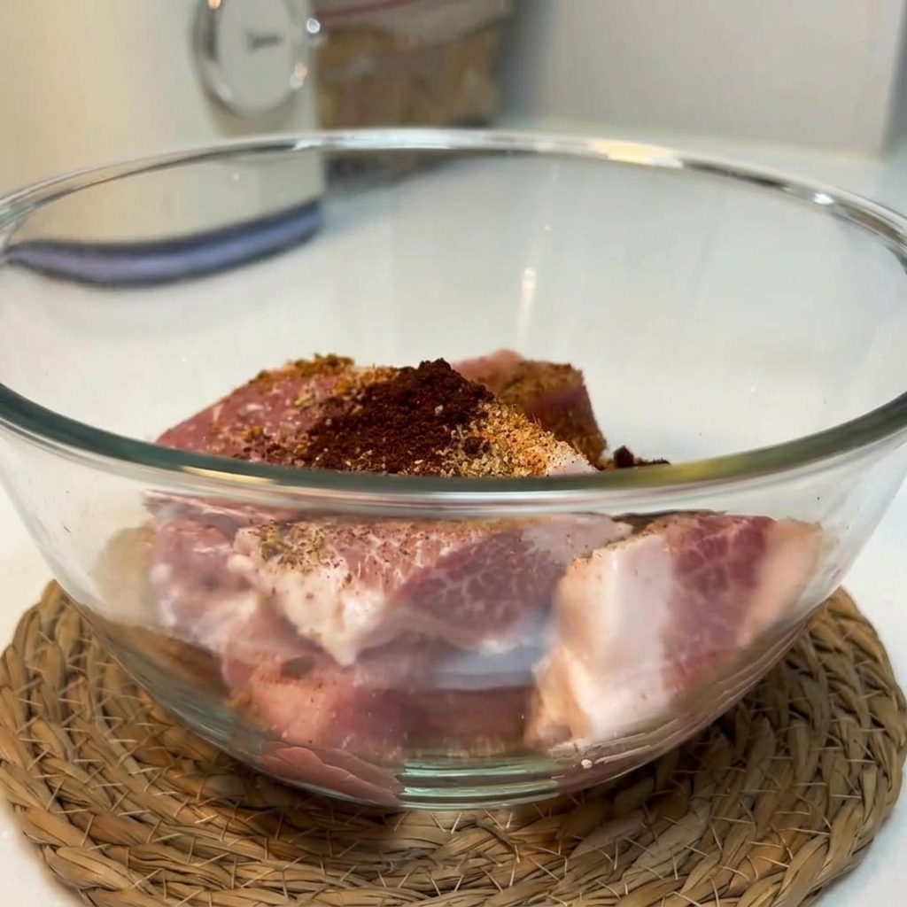 Pezzi di coppa di maiale cruda ricoperti di spezie secche come paprika dolce, aglio in polvere e cumino allinterno di una ciotola di vetro.