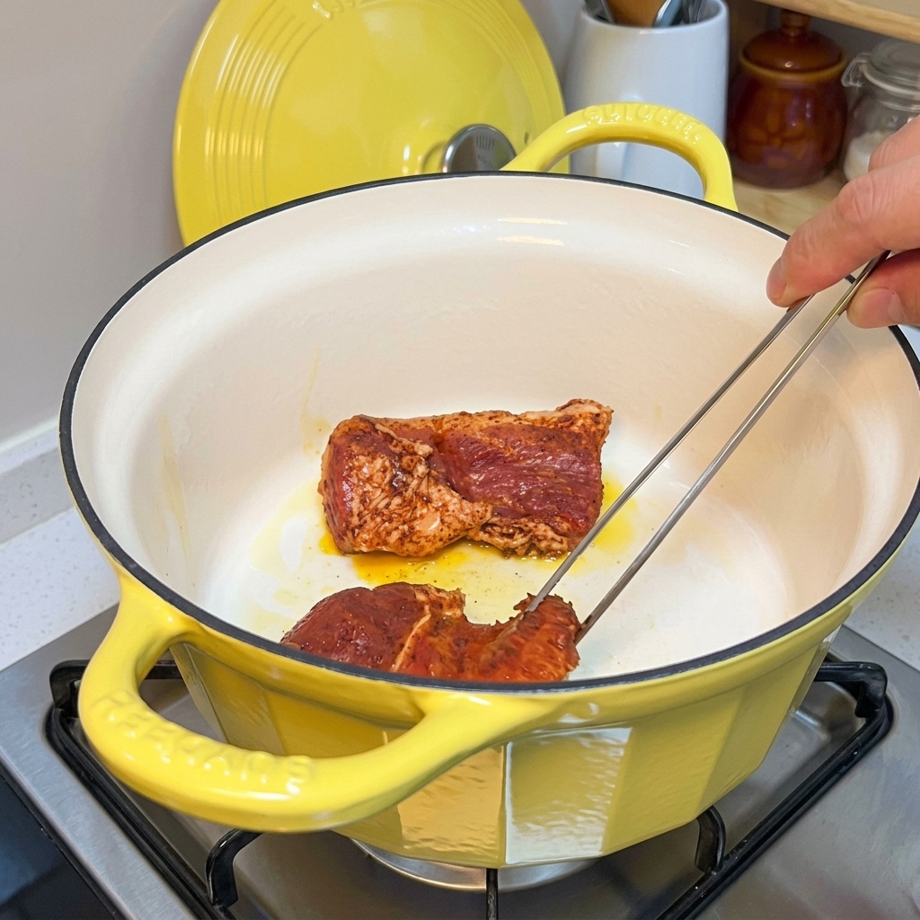 Pinze di metallo girano pezzi di maiale conditi che stanno rosolando in olio caldo dentro una pentola di ghisa smaltata gialla.