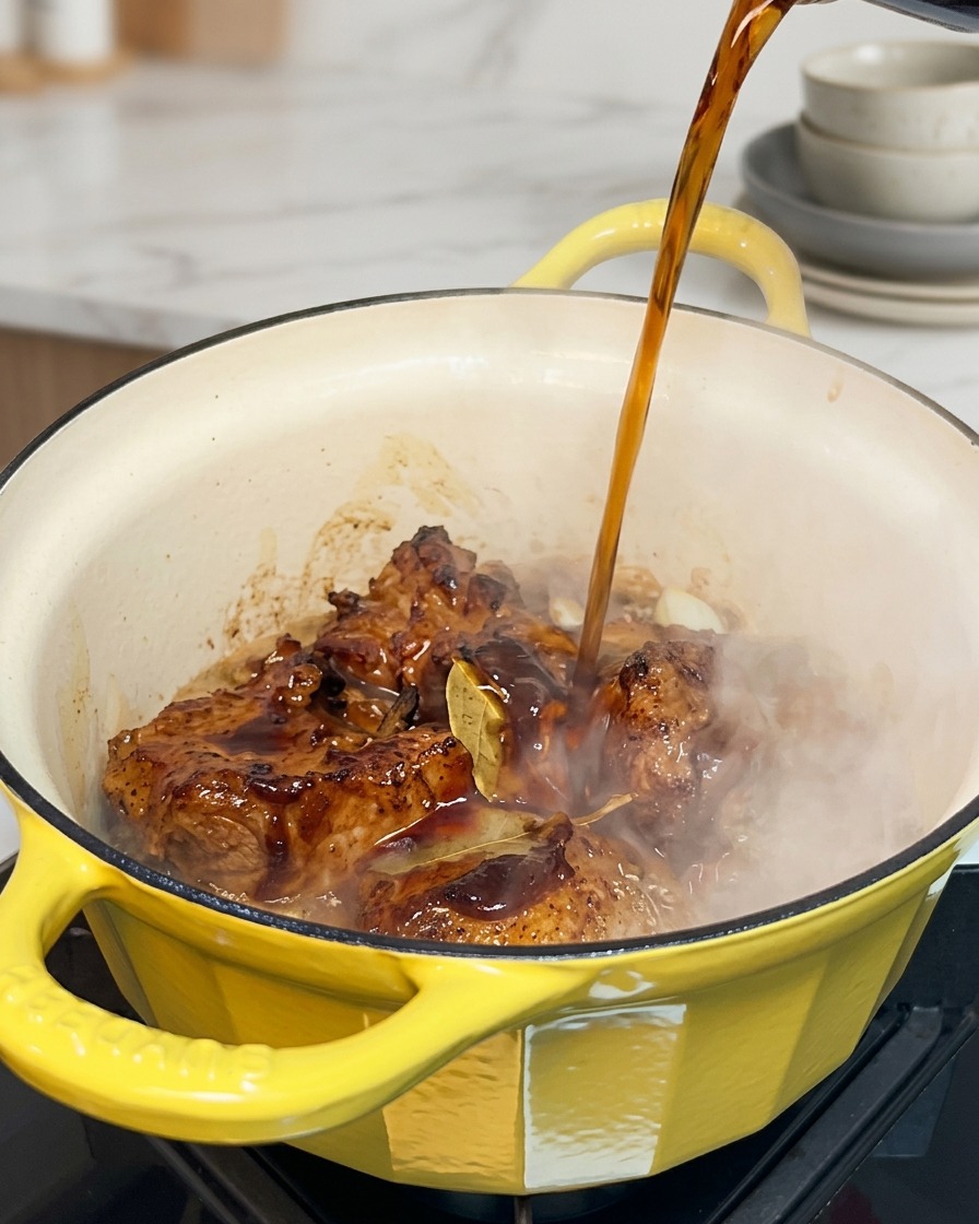 Cola scura versata in una pentola di ghisa gialla piena di pezzi di maiale rosolati, cipolle soffritte, una foglia di alloro e salsa barbecue.