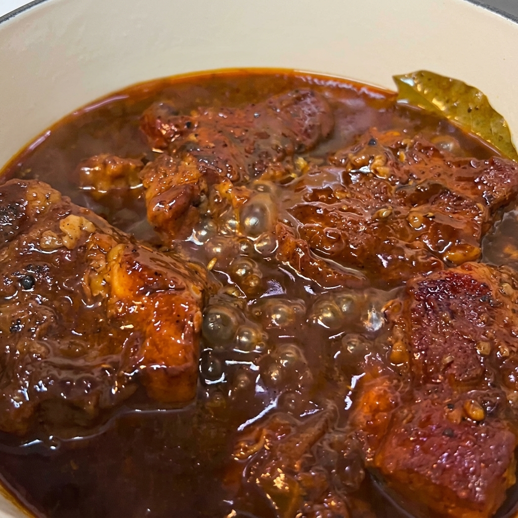 Pezzi di maiale teneri che sobbollono in una salsa scura, densa e ribollente allinterno di una pentola di ghisa gialla.