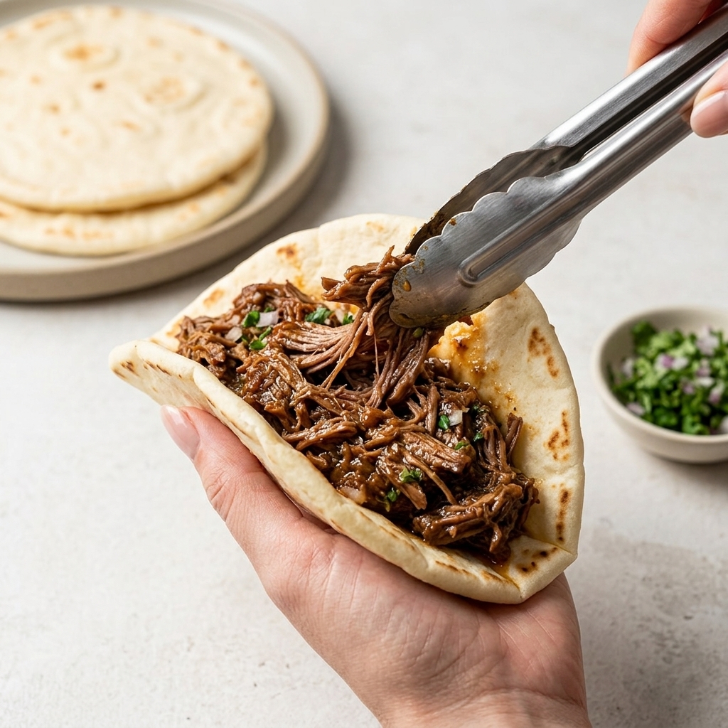 Primo piano di una mano che tiene una tortilla di taco spessa e calda mentre delle pinze di metallo inseriscono una generosa porzione di maiale sfilacciato succoso.