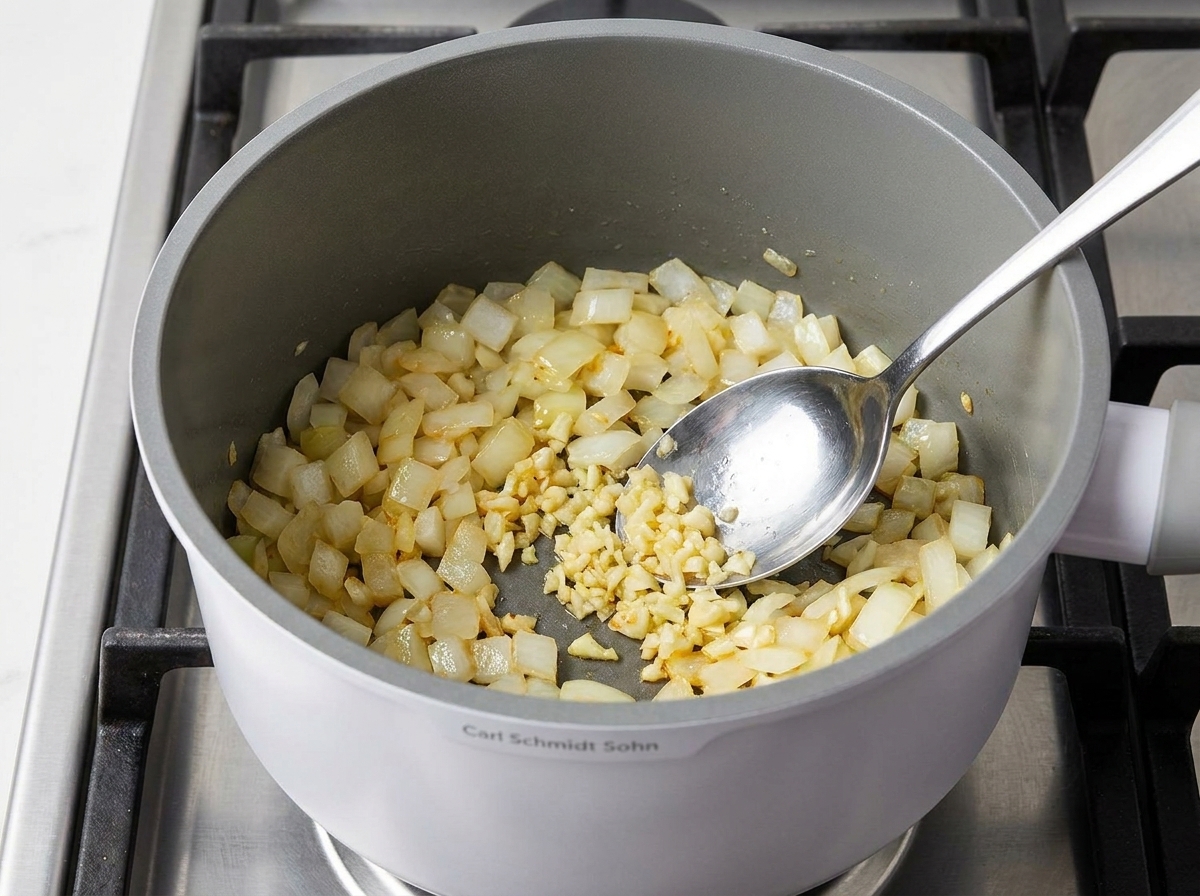 Cipolle, aglio e sedano tritati finemente che cuociono in una pentola con del rosmarino.