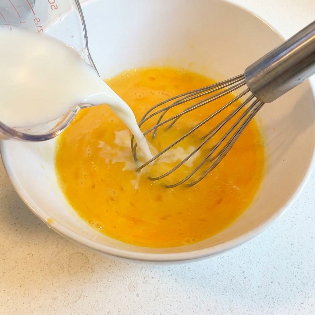 Brodo caldo versato lentamente in una ciotola con uova sbattute e succo di limone, mentre si mescola.