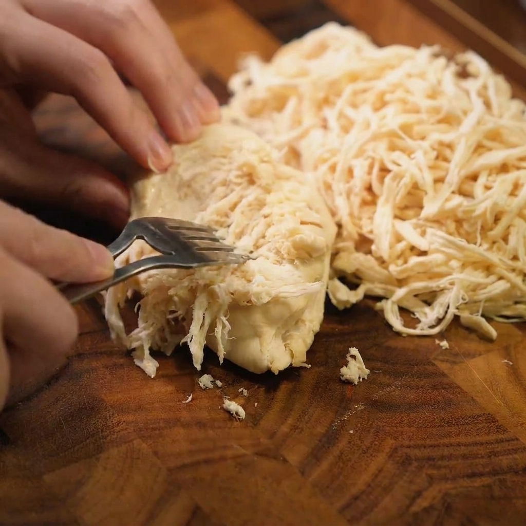 Petto di pollo sfilacciato in una ciotola di metallo, pronto per essere usato nella zuppa.