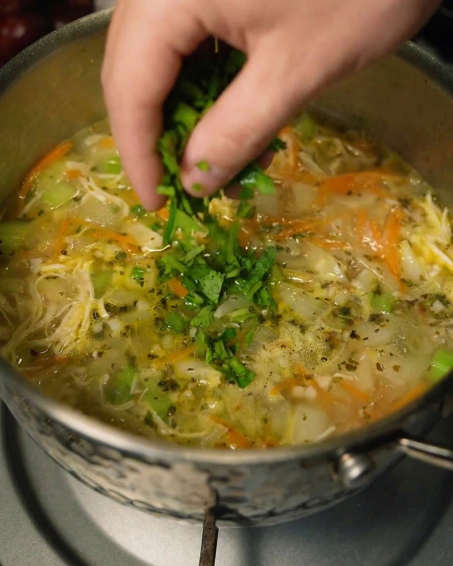 Un mestolo che aggiunge coriandolo fresco tritato nella pentola della zuppa di pollo e verdure finita.