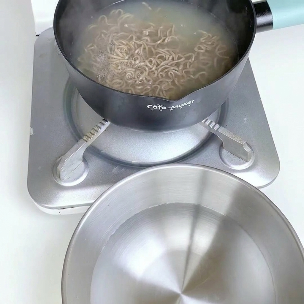 Noodles cotti in un colino sotto acqua corrente fredda.