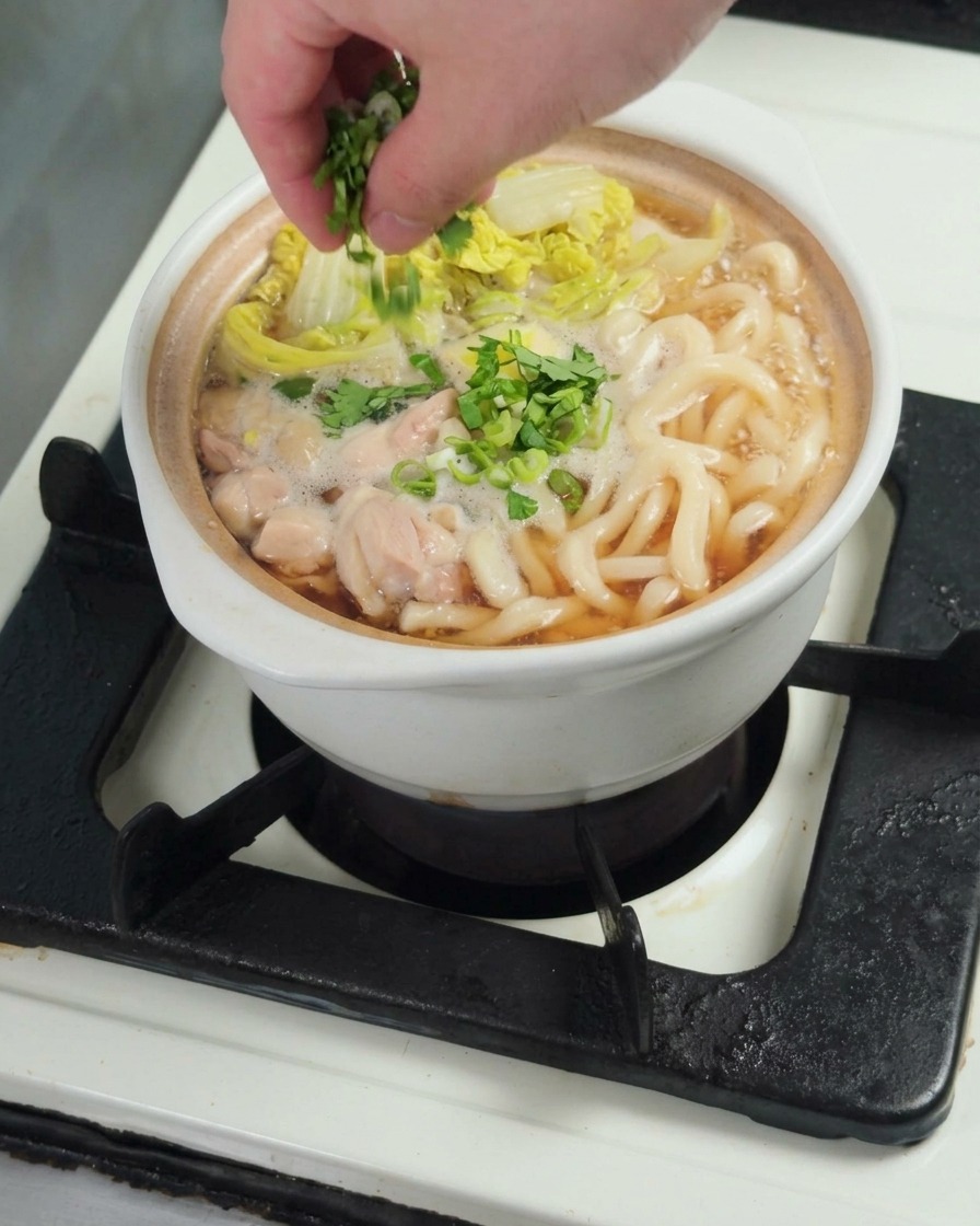 Cipollotti freschi tritati sparsi come guarnizione sopra una ciotola di udon al pollo.