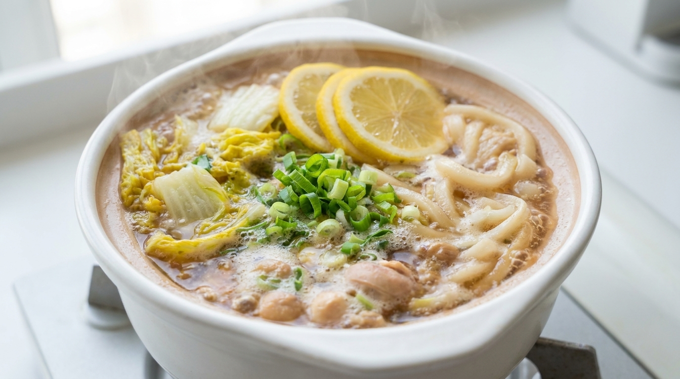 Una pentola di udon al pollo e limone guarnita con cipollotti e fette di limone giallo.