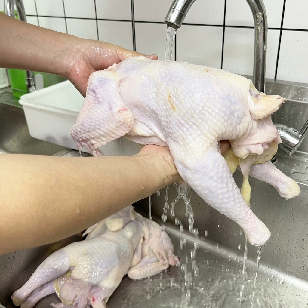 Un pollo intero crudo tenuto sotto lacqua corrente in un lavello in acciaio inox.