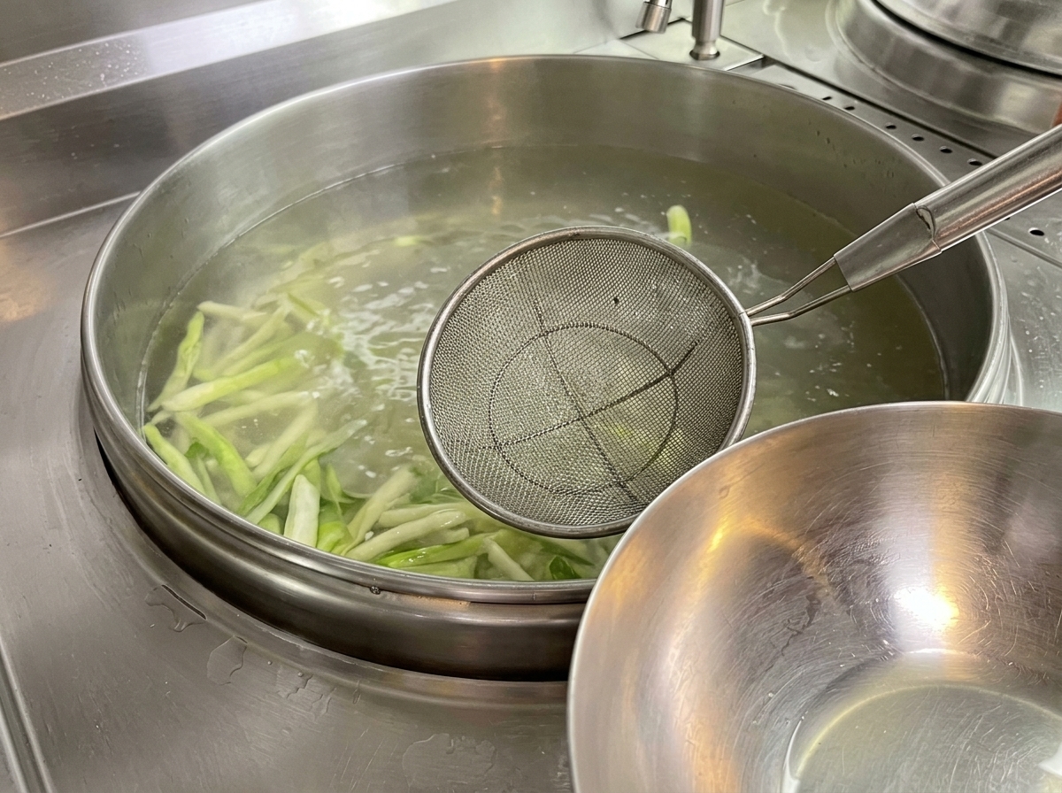 Un colino a maglia fine usato per rimuovere la schiuma dalla superficie del brodo bollente.