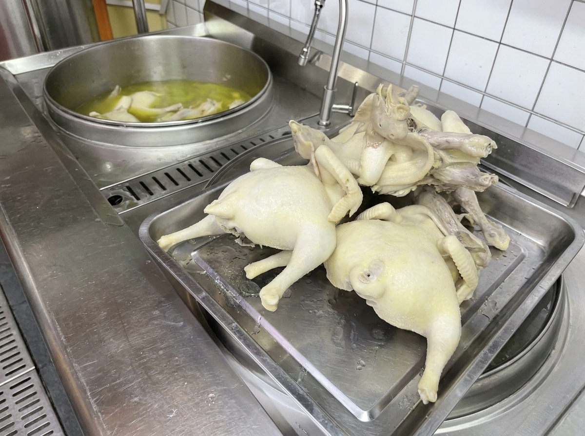 Polli interi cotti posti su un vassoio di acciaio inox dopo essere stati rimossi dal brodo.