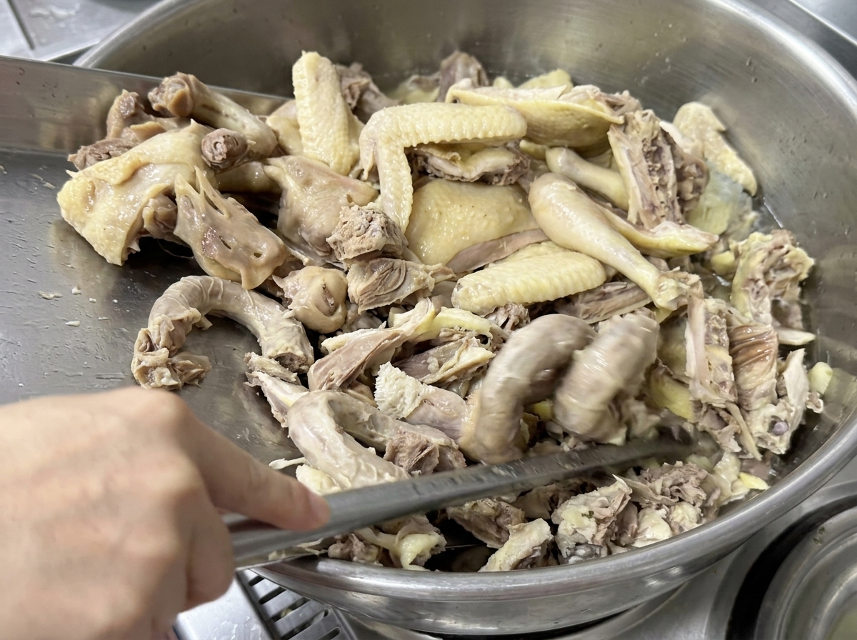 Pezzi di pollo aggiunti a una grande pentola di acqua bollente.
