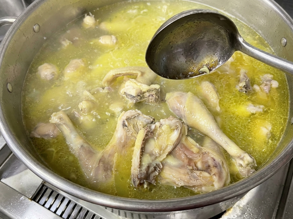Un mestolo che schiuma la schiuma grigia dalla superficie del brodo di pollo che sobbolle.