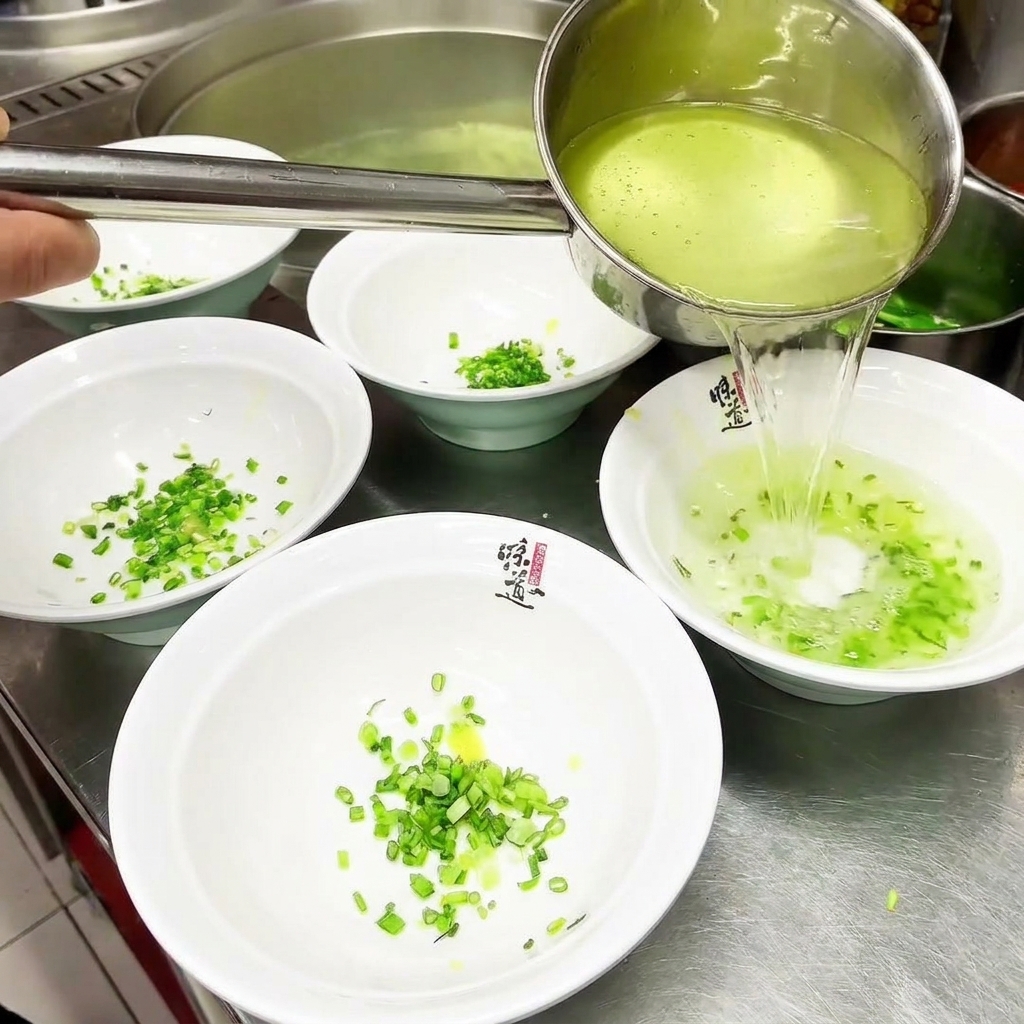 Brodo di pollo dorato versato con un mestolo in ciotole bianche sopra cipollotti tritati.