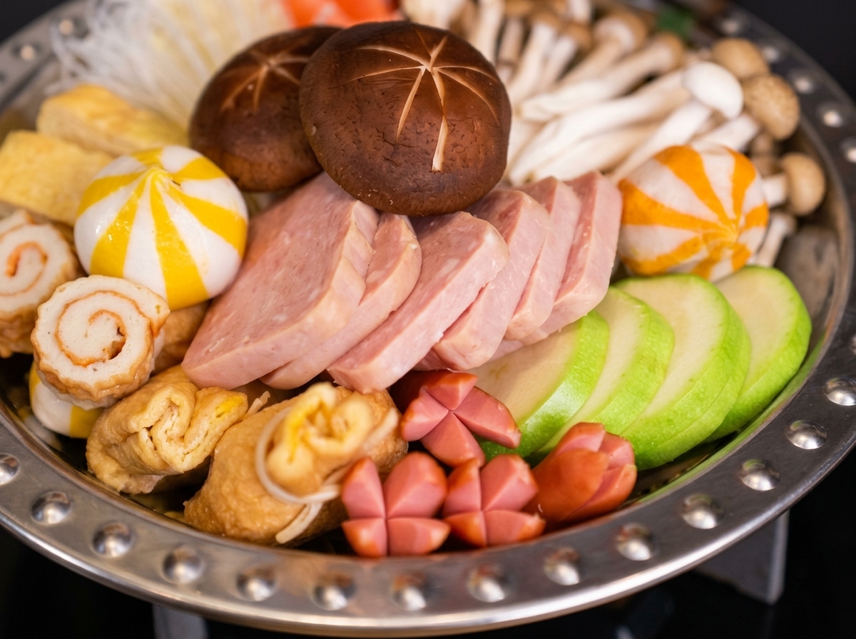 Salsa piccante coreana rossa versata sugli ingredienti allinterno della pentola di metallo.