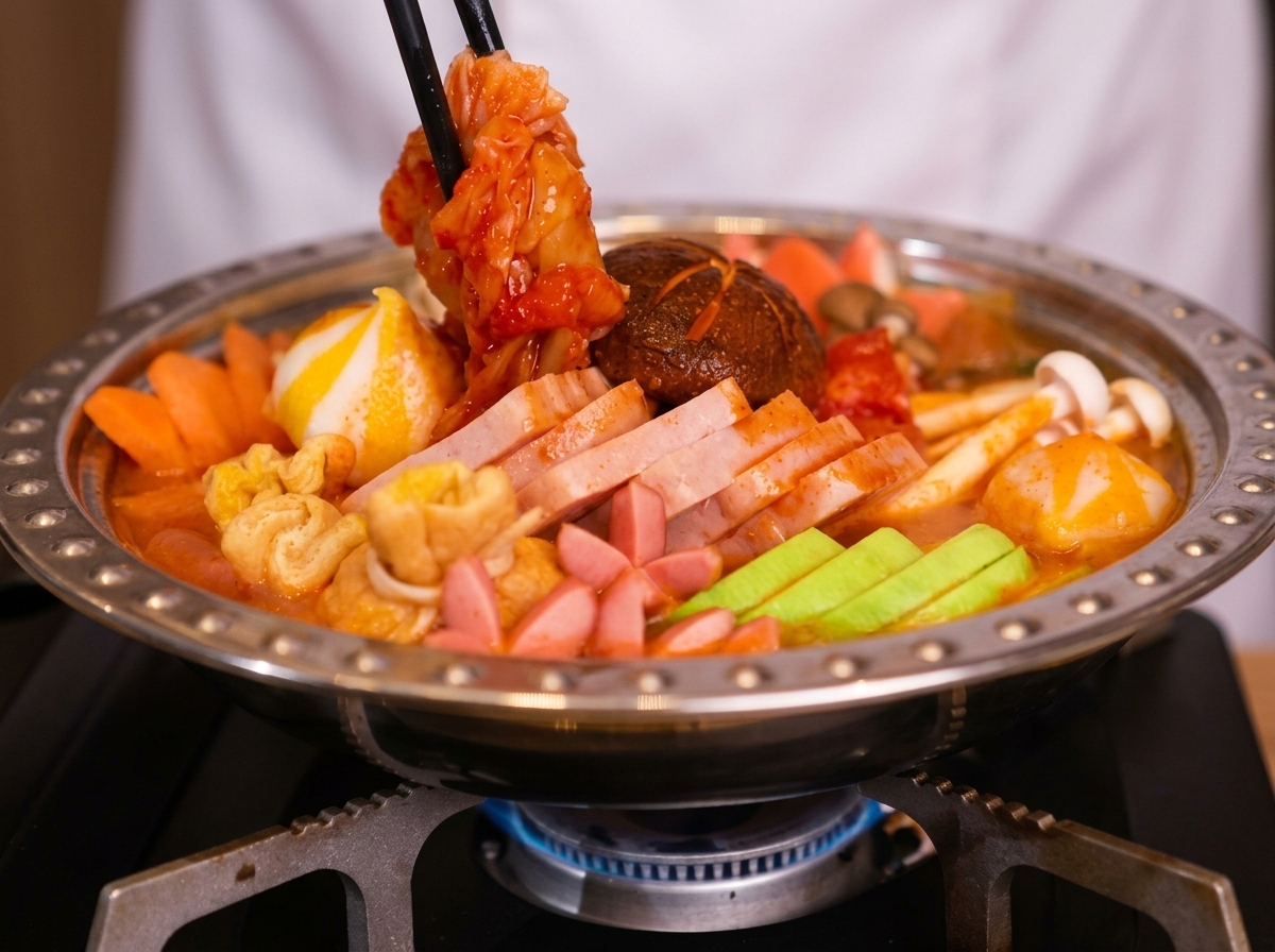 Una porzione di kimchi aggiunta alla pentola con le bacchette e una fetta di formaggio fuso pronta per essere adagiata sopra.