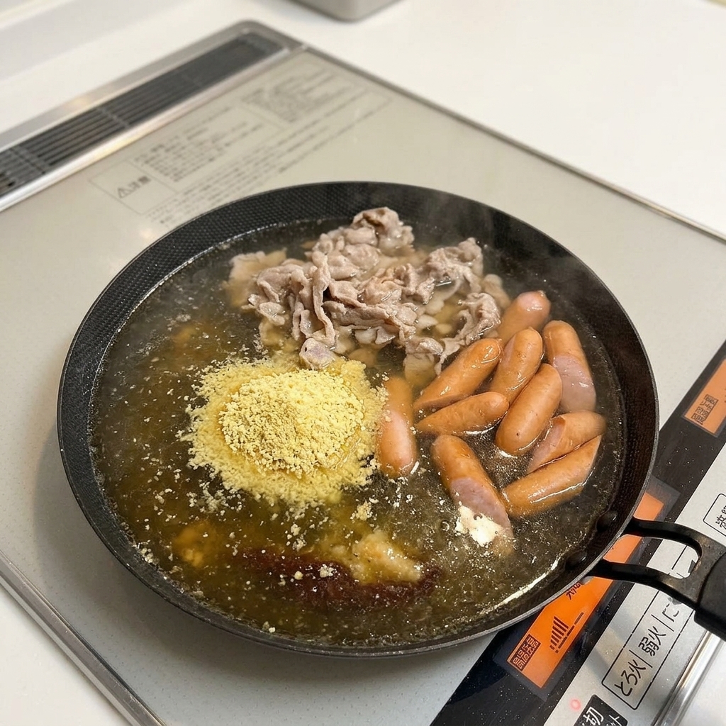 Pasta daglio mescolata nel brodo aromatico.