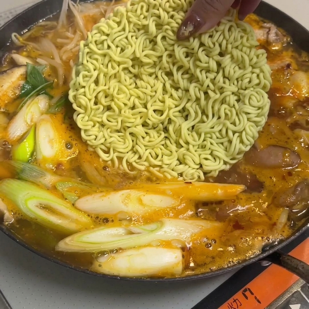 Blocco di noodles istantanei e gnocchi di riso immersi nel brodo bollente.