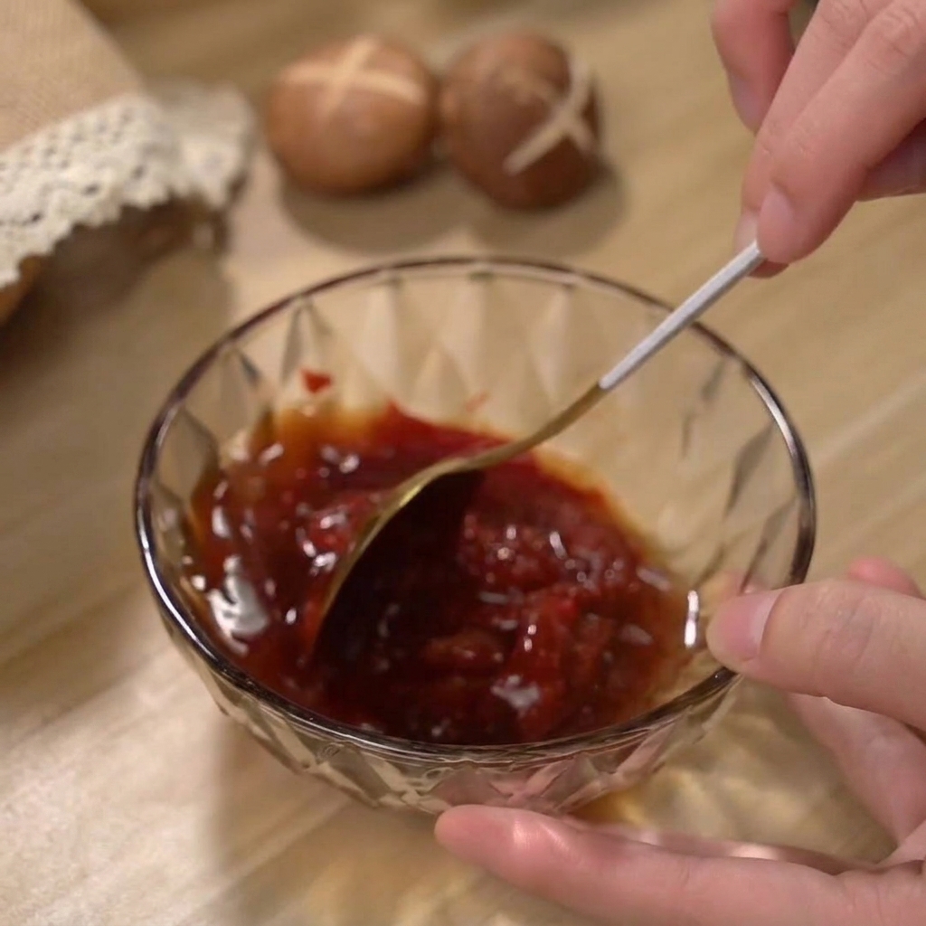 Una ricca salsa rossa piccante mescolata in una piccola ciotola di vetro.