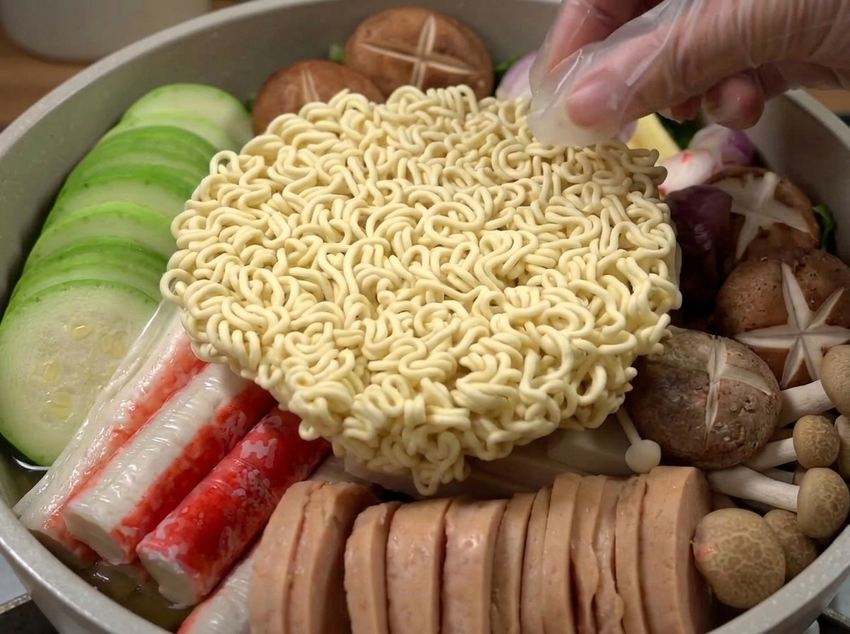 Un panetto di noodles istantanei sopra gli ingredienti in pentola, con una mano che versa la salsa.