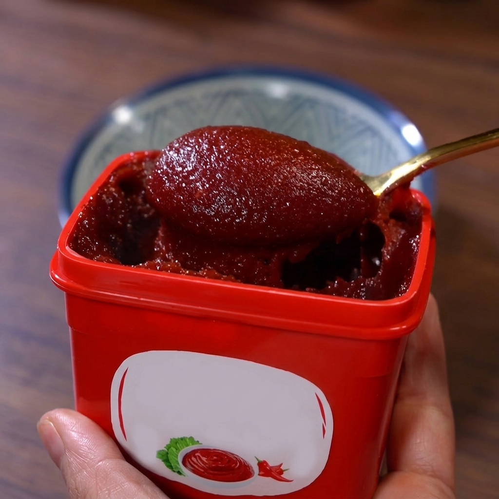 Una ciotolina con pasta di peperoncino coreana mischiata agli altri ingredienti.
