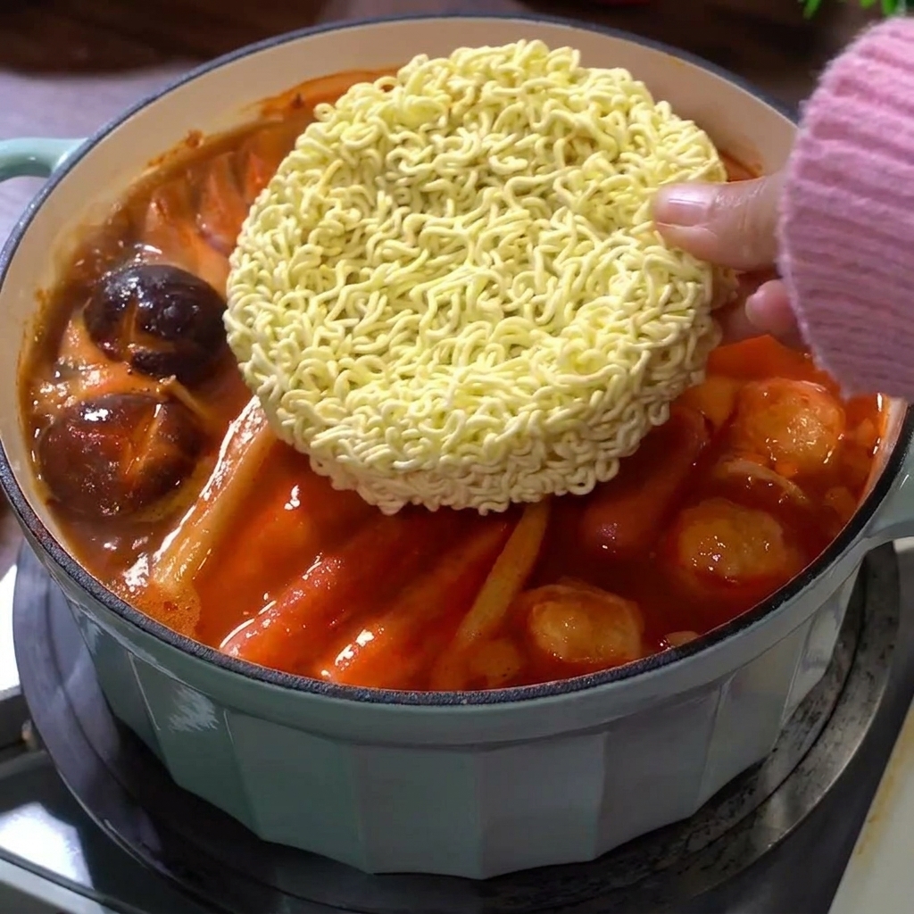 Un panetto di ramen istantaneo messo nel brodo rosso bollente.