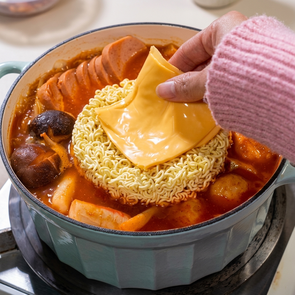 Un uovo sgusciato al centro dei ramen in cottura.
