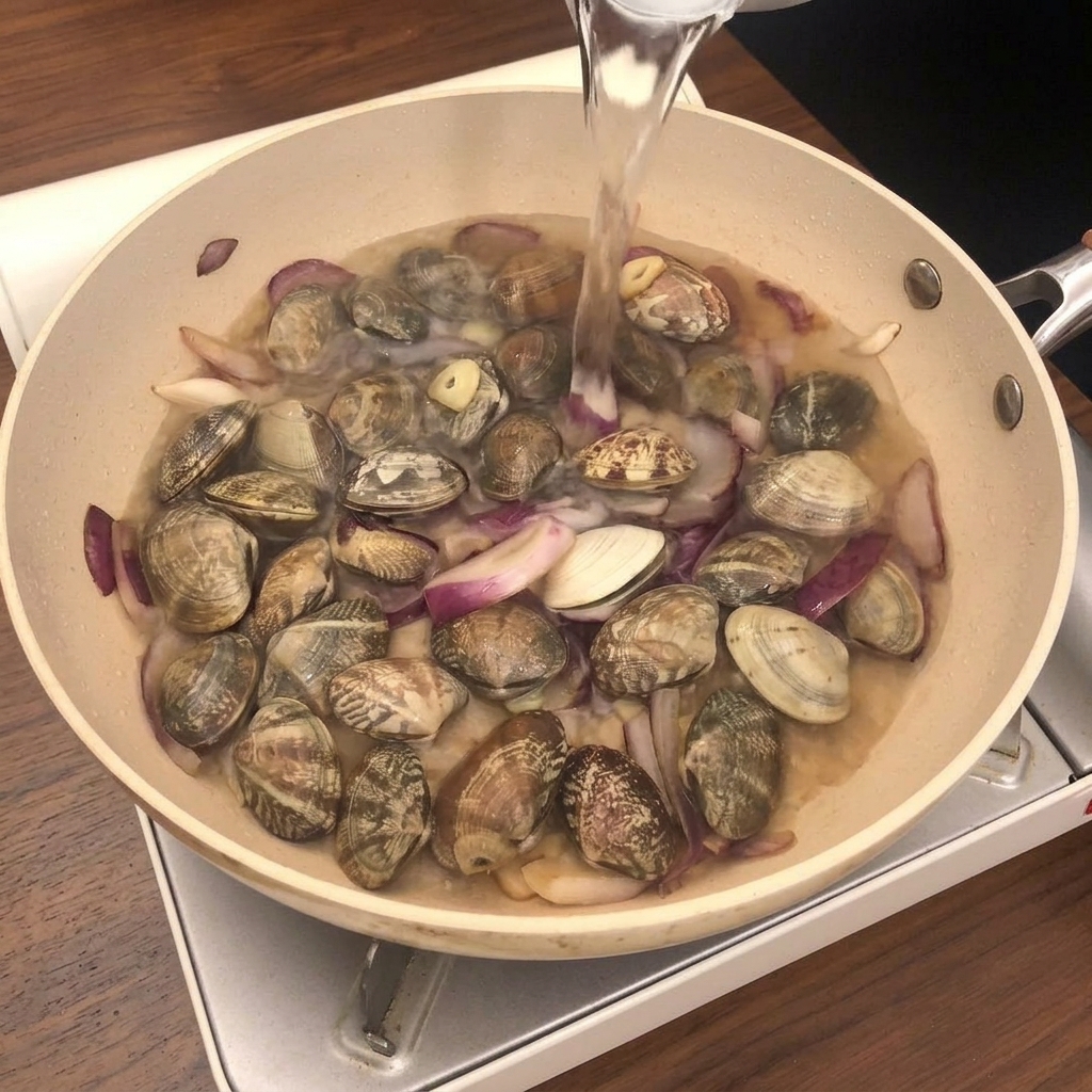 Acqua e rosmarino vengono versati in una padella piena di vongole e cipolla, pronti per essere coperti.
